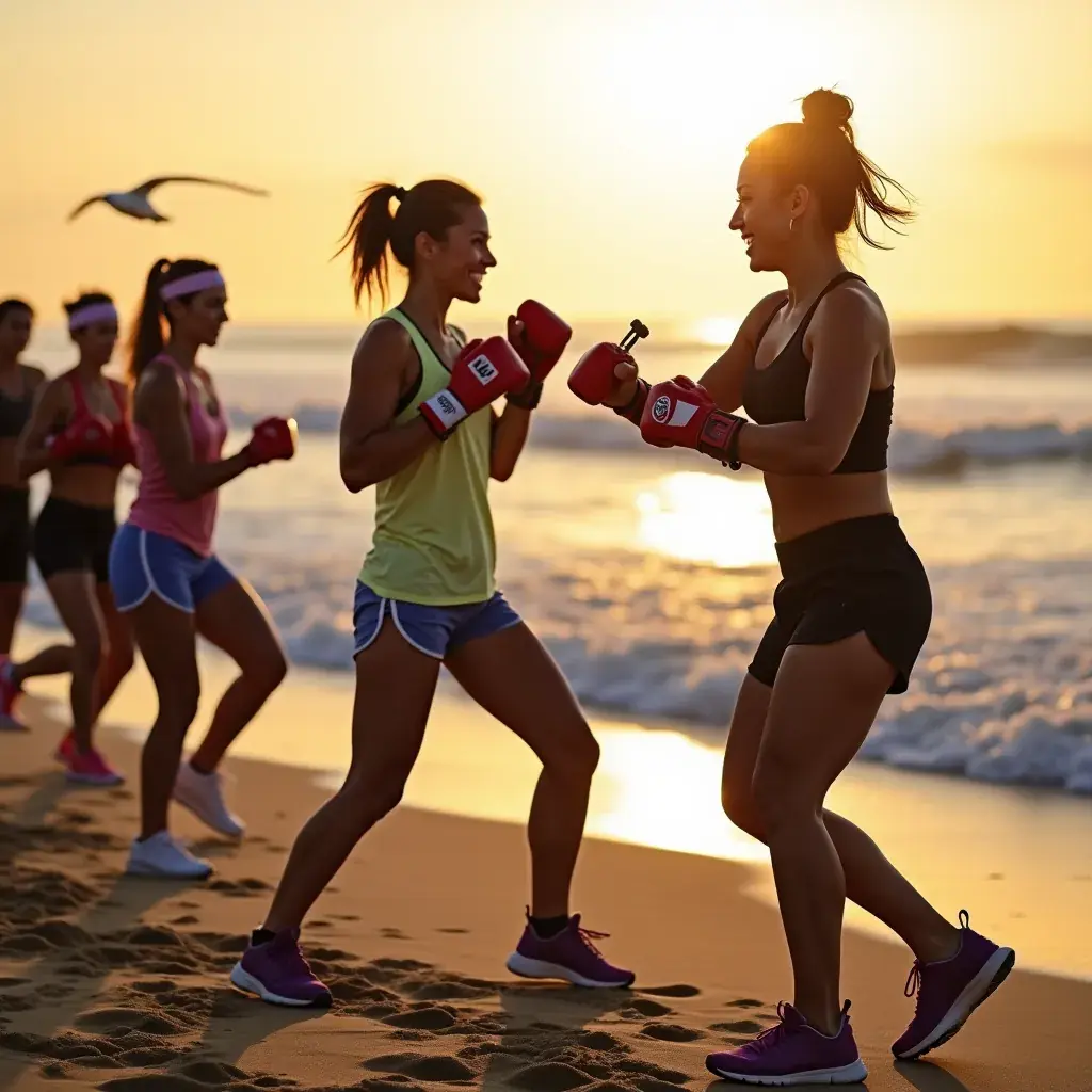 Mujer practicando sombra de boxeo con guantes en un estudio de fitness.