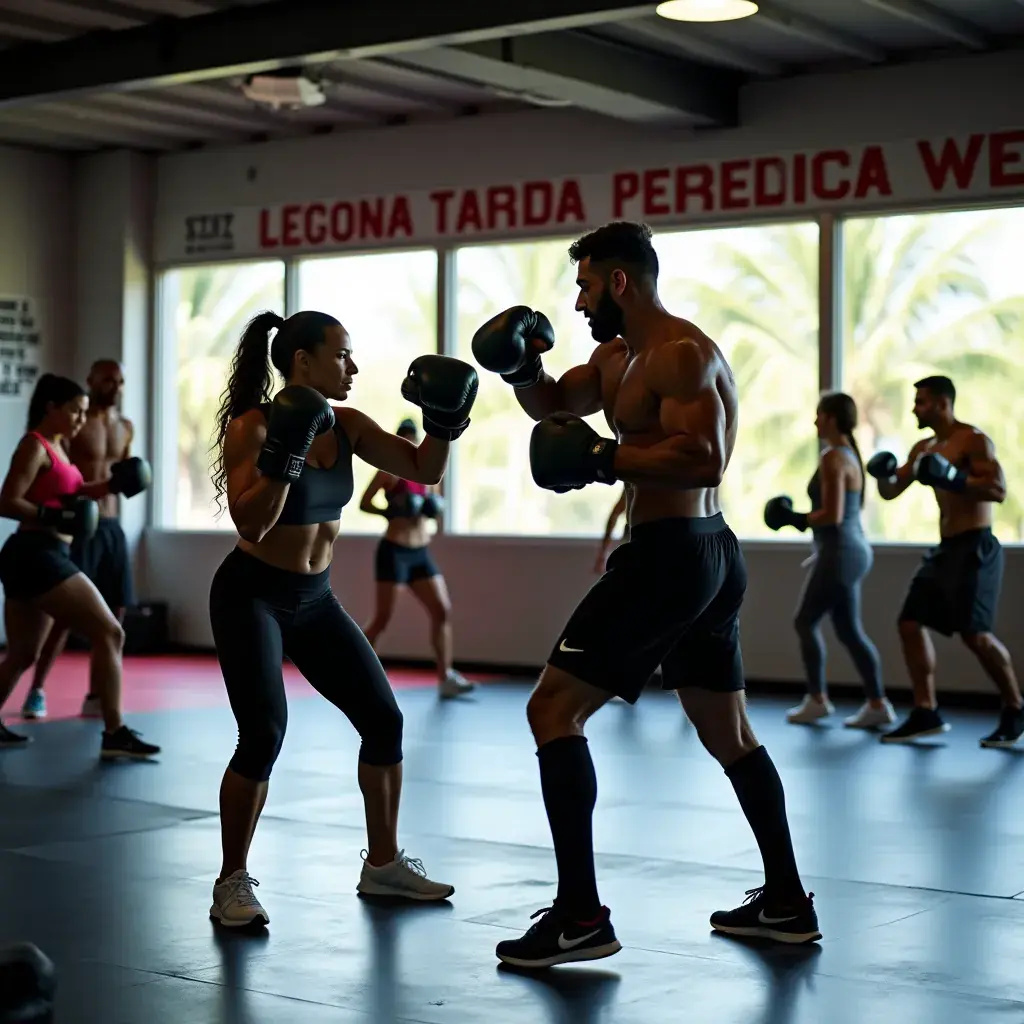 Mujer levantando pesas como parte de su entrenamiento de boxeo.